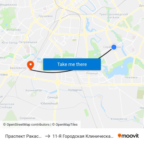 Праспект Ракасоўскага to 11-Я Городская Клиническая Больница map