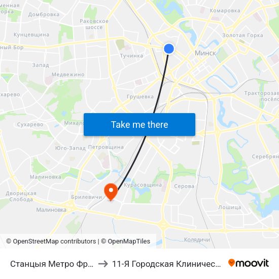 Станцыя Метро Фрунзенская to 11-Я Городская Клиническая Больница map