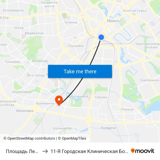 Площадь Ленина to 11-Я Городская Клиническая Больница map