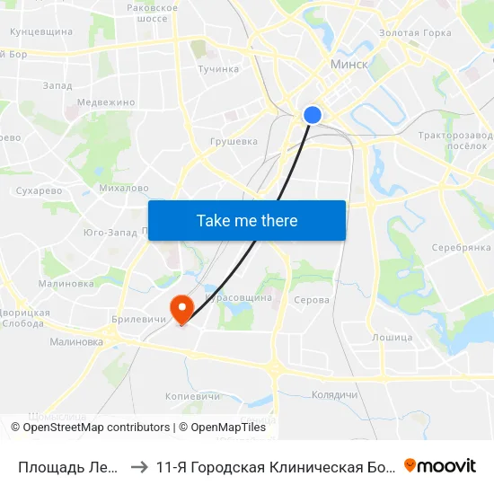 Площадь Ленина to 11-Я Городская Клиническая Больница map