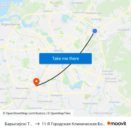 Барысаўскі Тракт to 11-Я Городская Клиническая Больница map