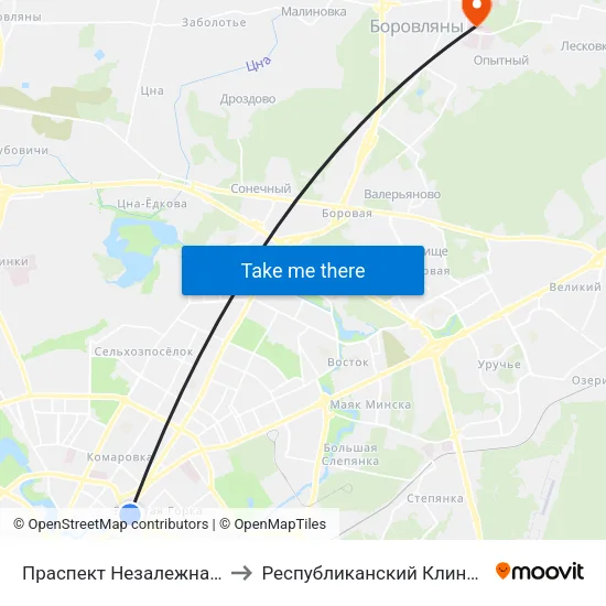 Праспект Незалежнасці (Проспект Независимости) to Республиканский Клинический Госпиталь Инвалидов Вов map