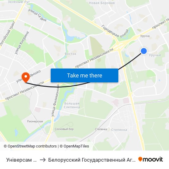 Універсам Першамайскі to Белорусский Государственный Аграрный Технический Университет map