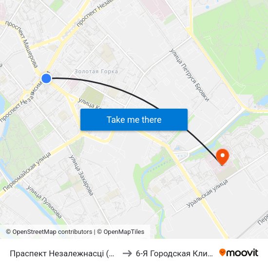 Праспект Незалежнасці (Проспект Независимости) to 6-Я Городская Клиническая Больница map