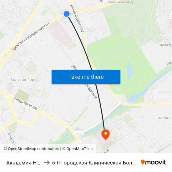 Академия Наук to 6-Я Городская Клиническая Больница map