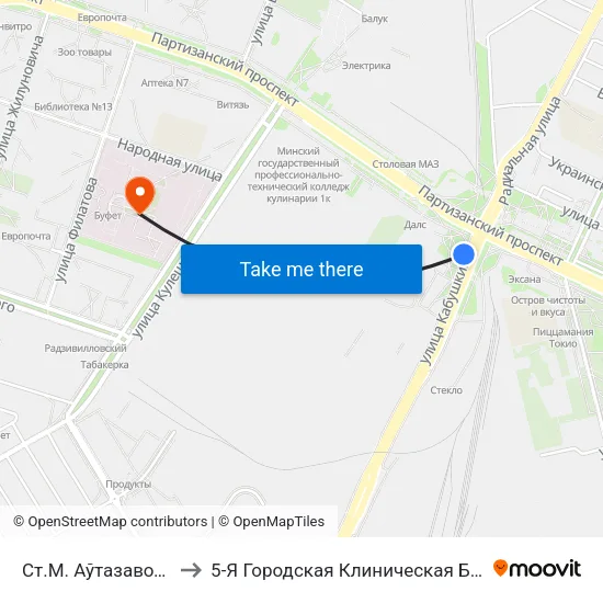 Ст.М. Аўтазаводская to 5-Я Городская Клиническая Больница map