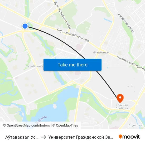 Аўтавакзал Усходні to Университет Гражданской Защиты Мчс map
