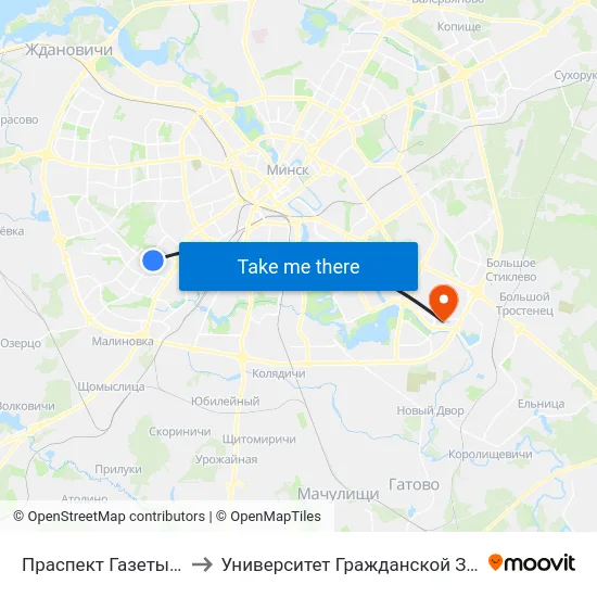 Праспект Газеты Звязда to Университет Гражданской Защиты Мчс map