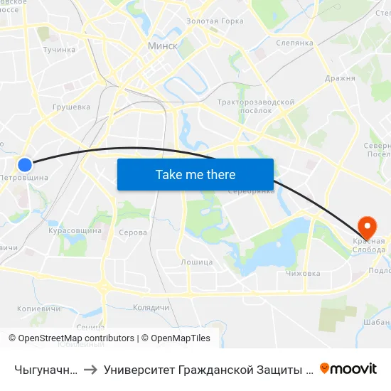 Чыгуначная to Университет Гражданской Защиты Мчс map