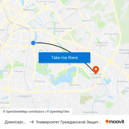 Дзянісаўская to Университет Гражданской Защиты Мчс map