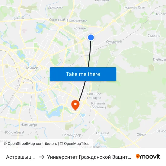 Астрашыцкая to Университет Гражданской Защиты Мчс map