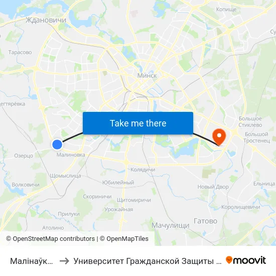 Малінаўка-6 to Университет Гражданской Защиты Мчс map