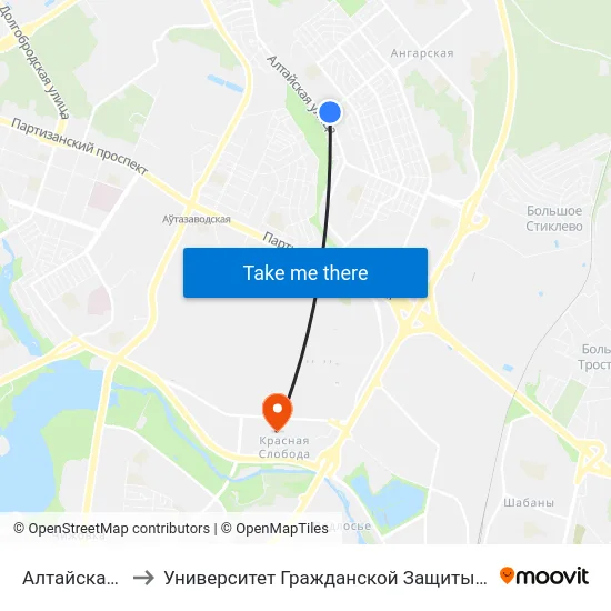 Алтайская-1 to Университет Гражданской Защиты Мчс map