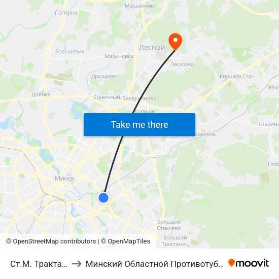 Ст.М. Трактарны Завод to Минский Областной Противотуберкулезный Диспансер map