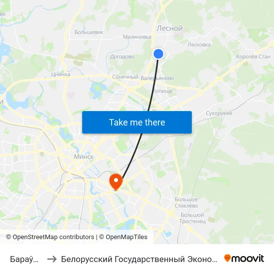Бараўляны-6 to Белорусский Государственный Экономический Университет map