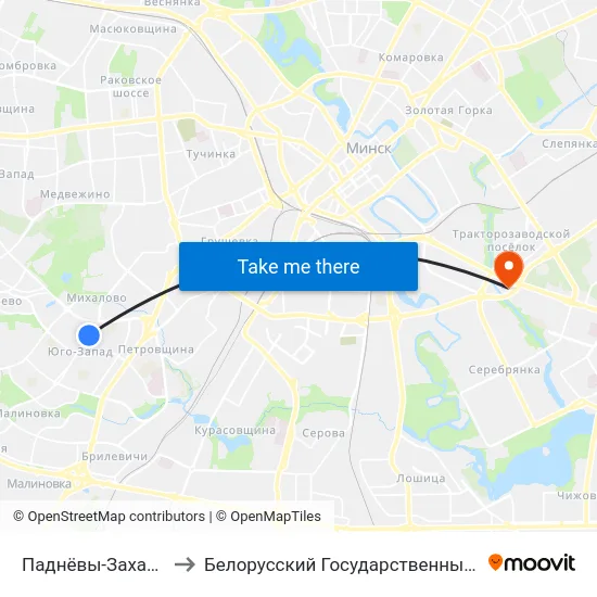 Паднёвы-Захад-1 (Юго-Запад-1) to Белорусский Государственный Экономический Университет map