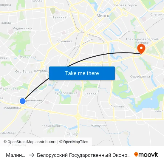 Малиновка-9 to Белорусский Государственный Экономический Университет map