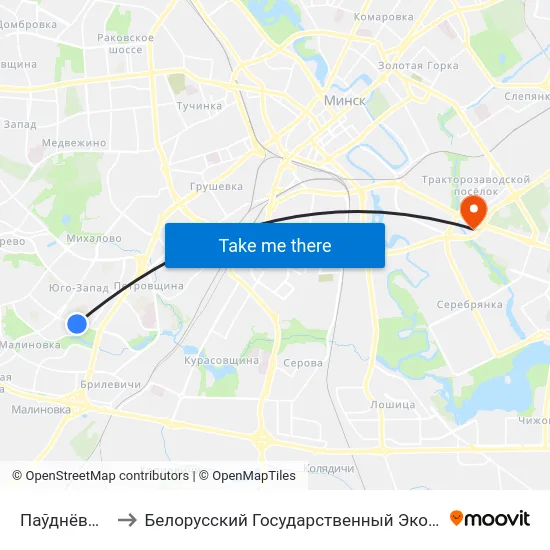 Паўднёвы Захад-2 to Белорусский Государственный Экономический Университет map