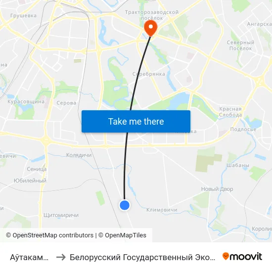 Аўтакамбінат №5 to Белорусский Государственный Экономический Университет map