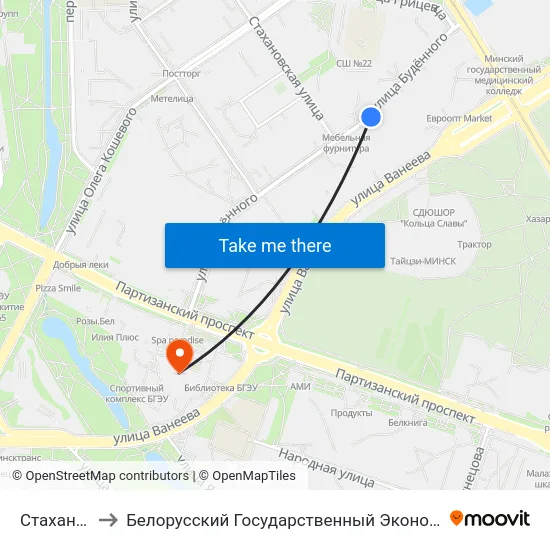 Стаханаўская to Белорусский Государственный Экономический Университет map