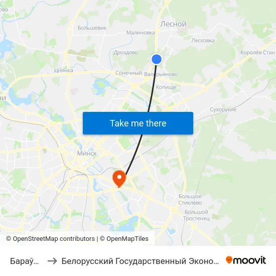 Бараўляны-2 to Белорусский Государственный Экономический Университет map