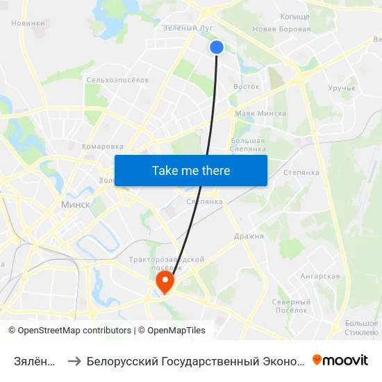 Зялёны Луг-1 to Белорусский Государственный Экономический Университет map