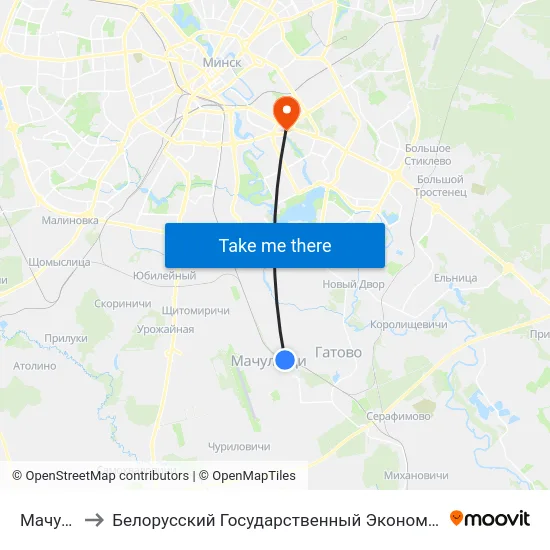 Мачулищи to Белорусский Государственный Экономический Университет map