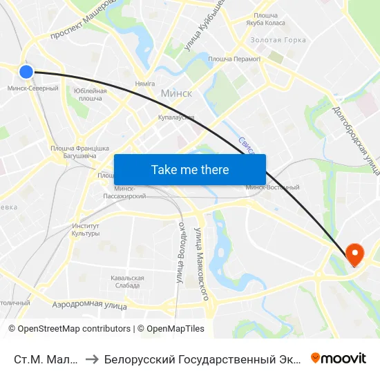 Ст.М. Маладзёжная to Белорусский Государственный Экономический Университет map