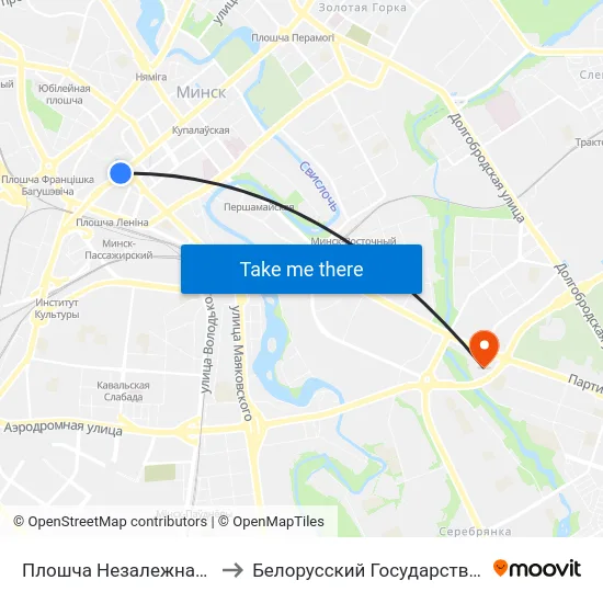Плошча Незалежнасці (Площадь Независимости) to Белорусский Государственный Экономический Университет map