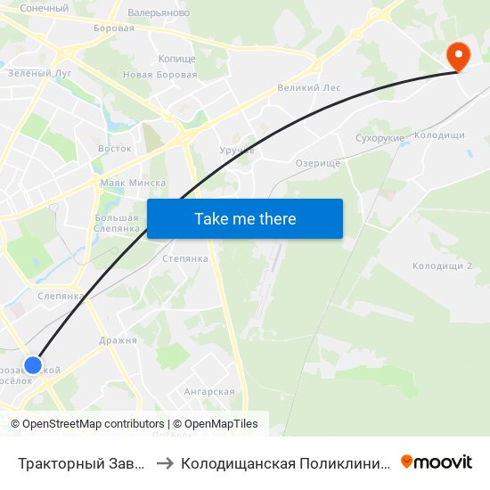 Тракторный Завод to Колодищанская Поликлиника map