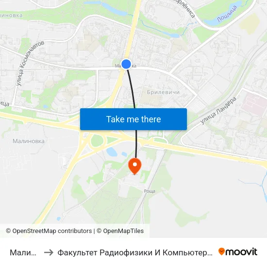 Малиновка to Факультет Радиофизики И Компьютерных Технологий Бгу map