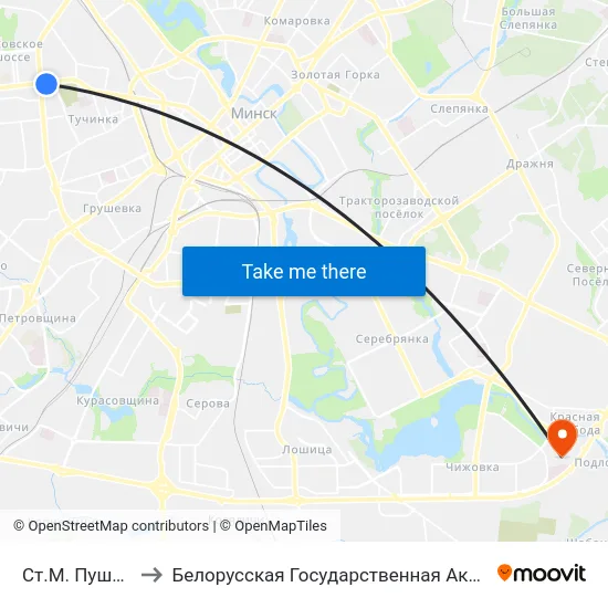 Ст.М. Пушкінская to Белорусская Государственная Академия Авиации map