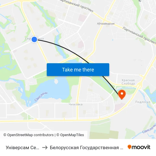 Універсам Серабранка to Белорусская Государственная Академия Авиации map