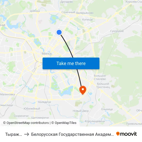 Тыражная to Белорусская Государственная Академия Авиации map
