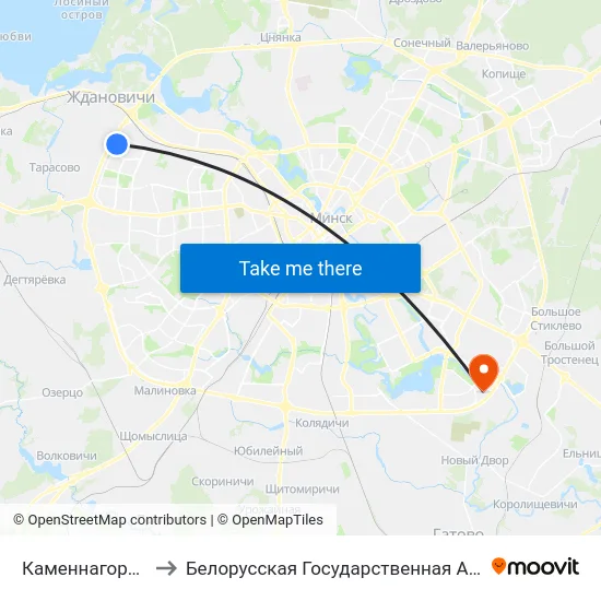 Каменнагорская, 100 to Белорусская Государственная Академия Авиации map