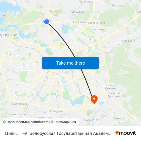 Цнянка-1 to Белорусская Государственная Академия Авиации map