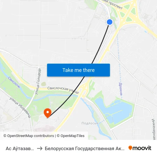 Ас Аўтазаводская to Белорусская Государственная Академия Авиации map