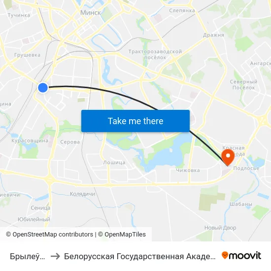 Брылеўская to Белорусская Государственная Академия Авиации map