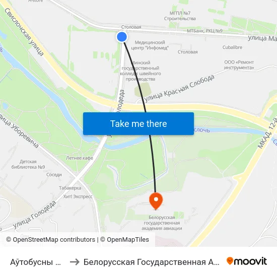 Аўтобусны Парк №6 to Белорусская Государственная Академия Авиации map