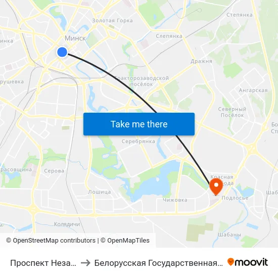 Проспект Независимости to Белорусская Государственная Академия Авиации map