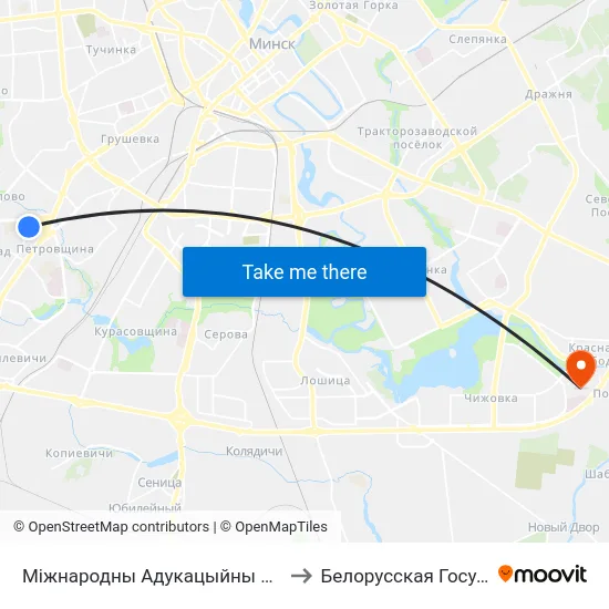 Міжнародны Адукацыйны Цэнтр (Международный Образовательный Центр) to Белорусская Государственная Академия Авиации map