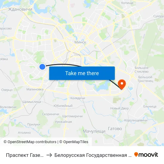 Праспект Газеты Звязда to Белорусская Государственная Академия Авиации map
