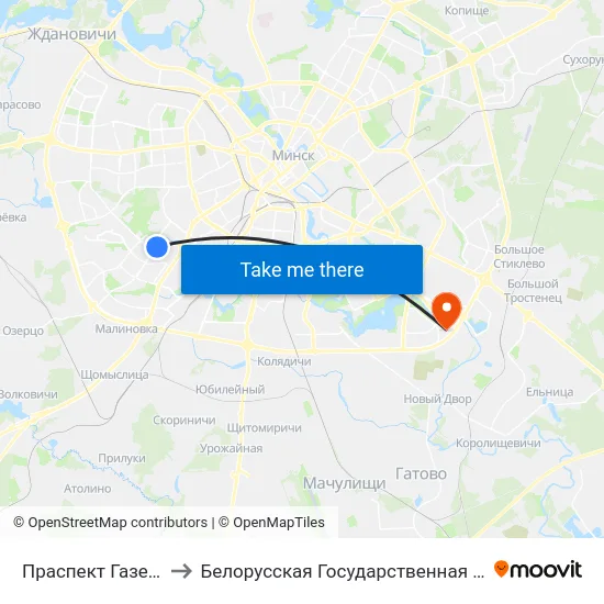 Праспект Газеты Звязда to Белорусская Государственная Академия Авиации map