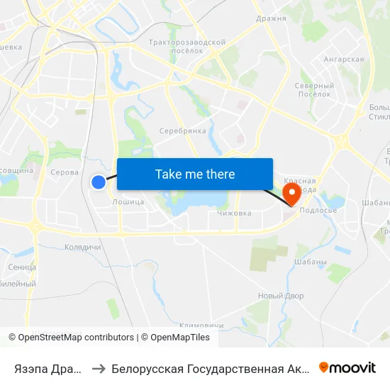 Язэпа Драздовіча to Белорусская Государственная Академия Авиации map