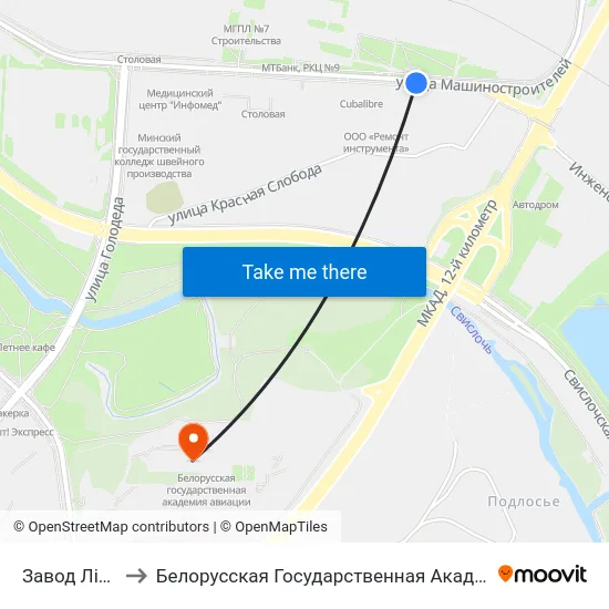 Завод Ліцмаш to Белорусская Государственная Академия Авиации map
