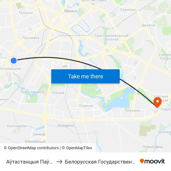 Аўтастанцыя Паўднёва-Заходняя to Белорусская Государственная Академия Авиации map