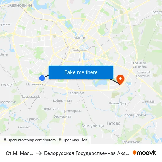 Ст.М. Малінаўка to Белорусская Государственная Академия Авиации map