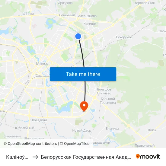 Каліноўскага to Белорусская Государственная Академия Авиации map
