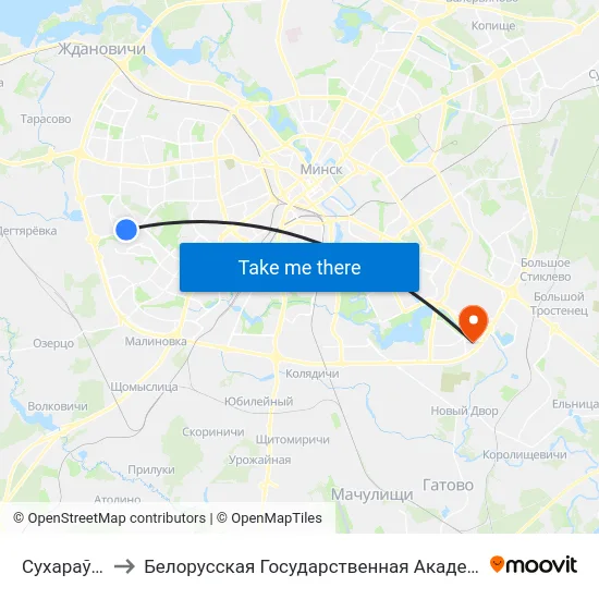 Сухараўская to Белорусская Государственная Академия Авиации map