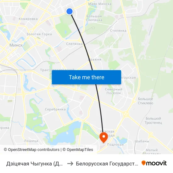 Дзіцячая Чыгунка (Детская Железная Дорога) to Белорусская Государственная Академия Авиации map